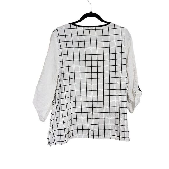 Moonlight top black & white abstract patchwork crinkle roll tab sleeves L - Picture 2 of 4
